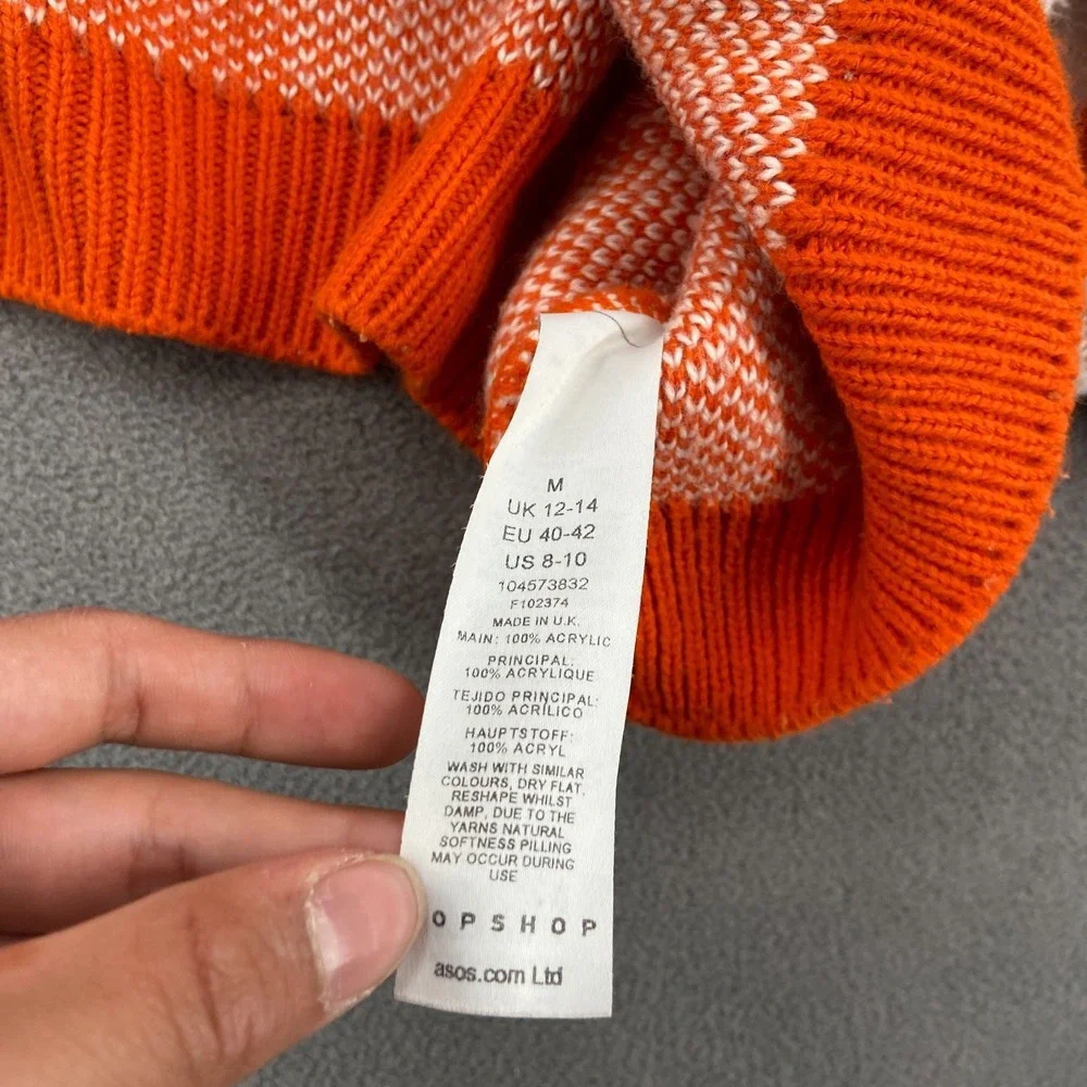 Topshop Cropped‎ Sweater Womens 8-10 White Orange Heart Check Tight Knit Ribbed